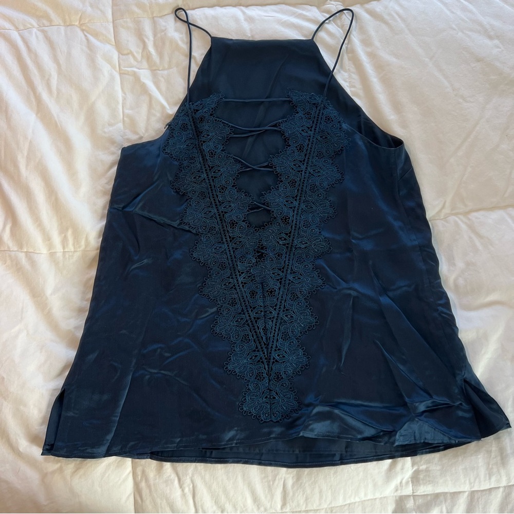 Cami NYC Charlie V-Neck Silk Lace Blouse | Navy Blue | Size Small